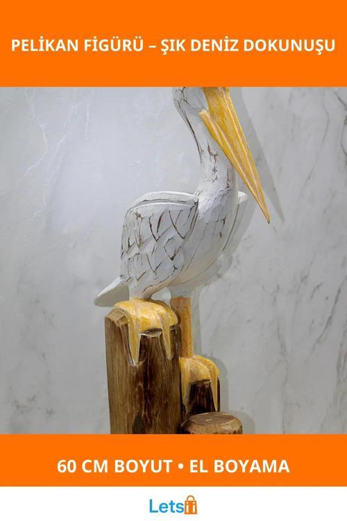 El Boyaması Ahşap Pelikan 60 Cm Dekoratif Figür