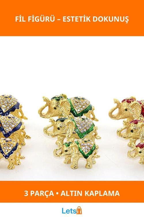 Swarovski Taşlı 3'lü Fil Figürü Altın Kaplama Dekoratif Aksesuar