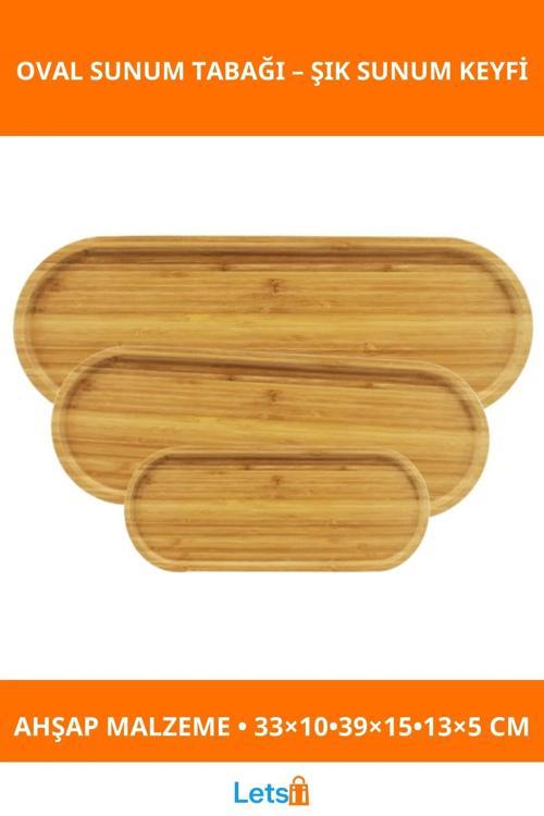 Ahşap Oval Şık 3'lü Sunum Tabağı Seti