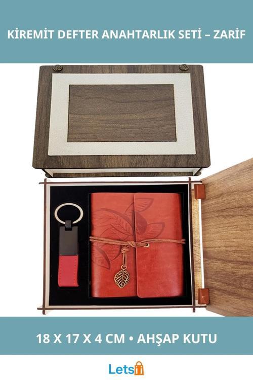 Özel Ahşap Kutulu Kiremit Rengi Deri Not Defteri ve Anahtarlık