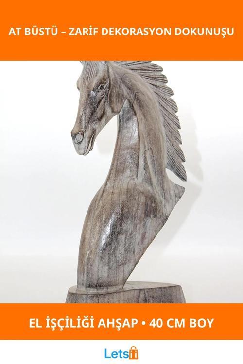 El İşçiliği Ahşap At Büstü 40 cm Dekoratif Obje