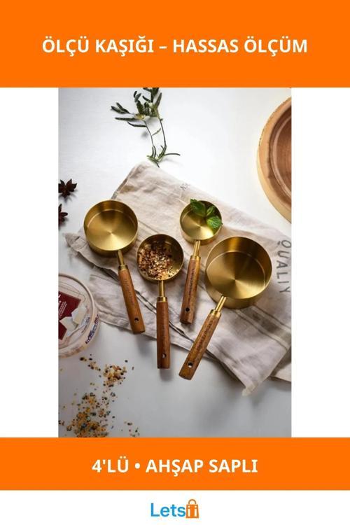 4'lü Ahşap Saplı Şık Altın Renk Ölçü Kaşığı Küçük Mutfak Aletleri