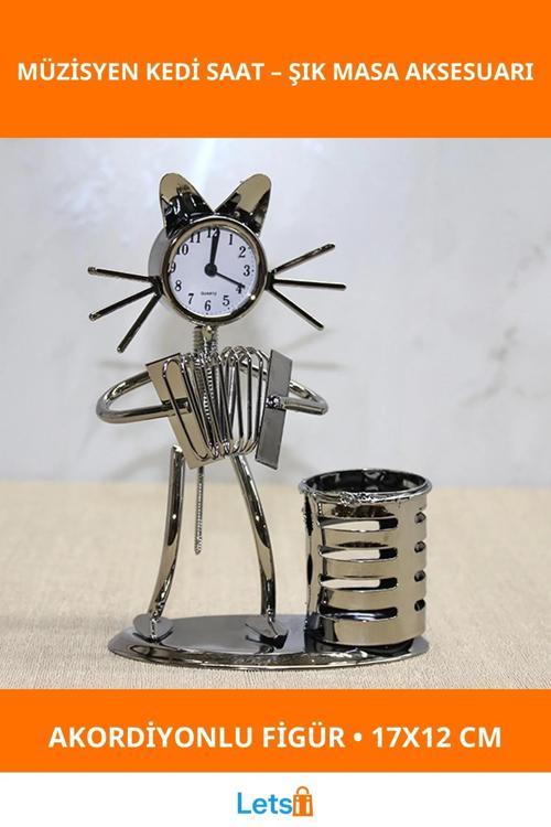 Metal Akordiyon Çalan Müzisyen Kedi Saat ve Kalemlik 17x12 cm