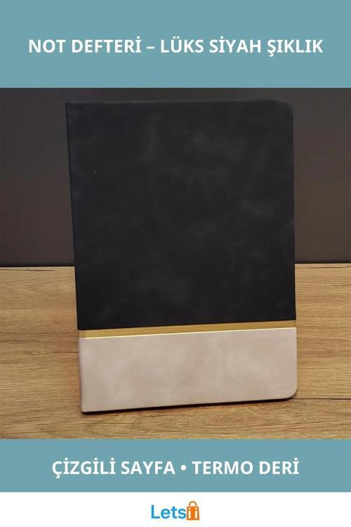 Altın Şeritli Şık Siyah Deri Not Defteri 21x15 cm 192 Sayfa