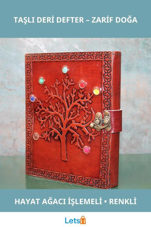 Zarif Taşlı Deri Defter 18x13 cm Hayat Ağacı Figürlü