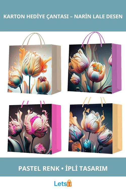 Pastel Renkli Lale Desenli Şık Karton Hediye Çantası Küçük Boy