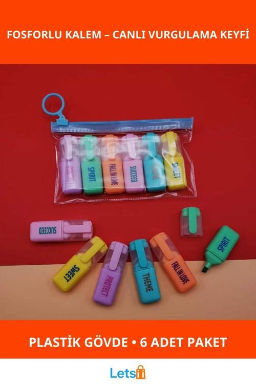 6'lı Fosforlu Kalem Fransız Mavi Pembe Yeşil Sarı Renkli Vurgulama Kalemi