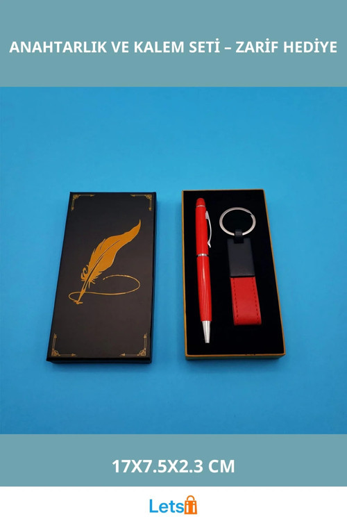 Düşük Profil Şık Kutulu Kırmızı Deri Anahtarlık ve Touchpen Tükenmez Kalem