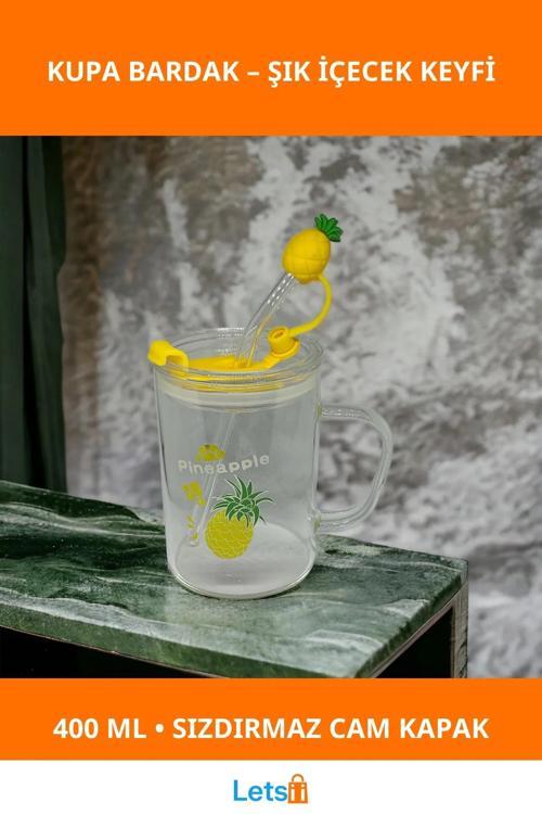 Ananas Tasarımlı 400 ml Sızdırmaz Cam Kupa Bardak