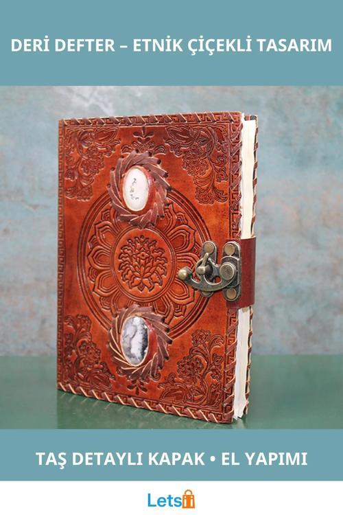 Etnik Çiçek İşlemeli Taşlı Deri Defter 20x15 cm