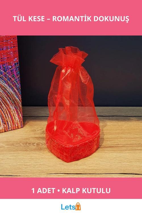Şık Kırmızı Kalpli Tül Kese Hediyelik ve Süsleme 16 cm