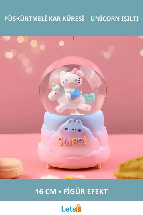 Hello Kitty İçi Dönmeli Işıklı Müzikli Kar Küresi Büyük Boy 16cm Unicorn