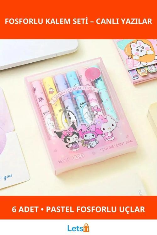 6'lı Fosforlu Kalem Seti Sanrio Karakterleri, Kuromi, Hello Kitty