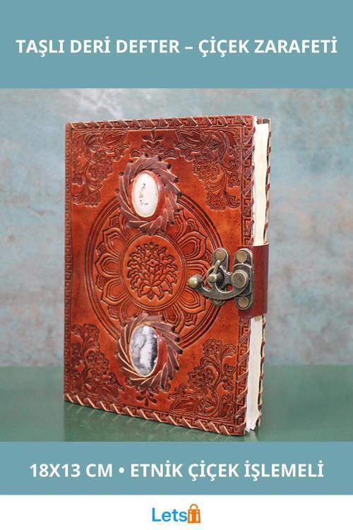 Etnik Çiçek İşlemeli Taşlı Deri Defter 18x13 cm