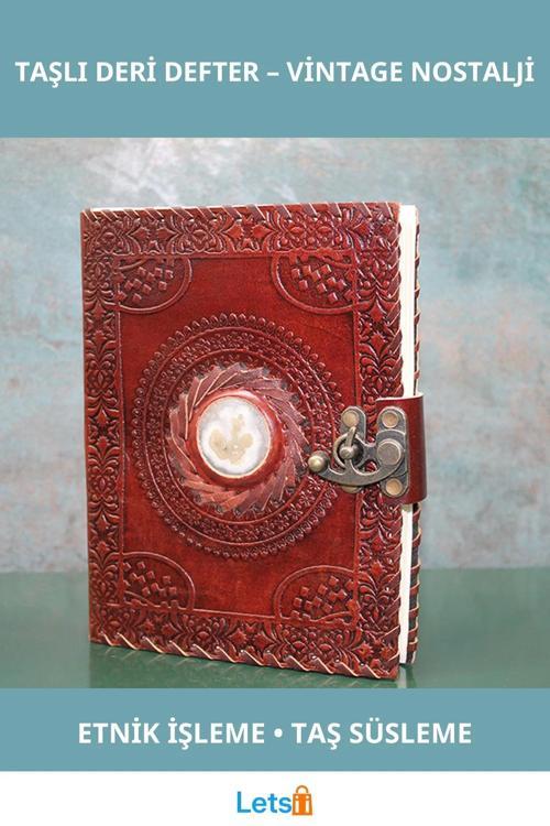 Vintage Taşlı Deri Defter 20x15 cm Etnik İşleme