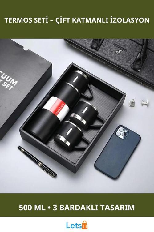 İki Katmanlı Isı Yalıtımlı 500 ML Termos 3 Bardaklı Siyah Bordo