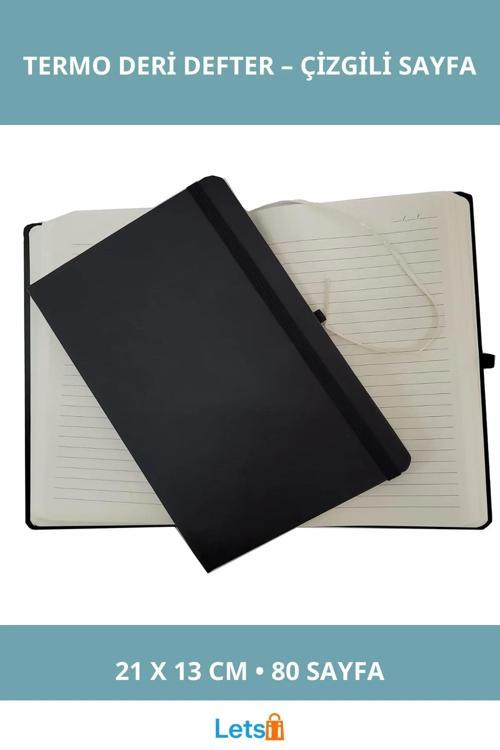 Siyah Termo Deri Çizgili Defter 21x13 cm Günlük ve İş Kullanımı için
