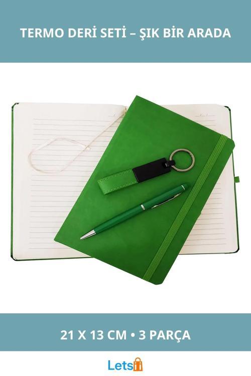 Yeşil Termo Deri Kalemli Defter Anahtarlık Seti 21x13 cm