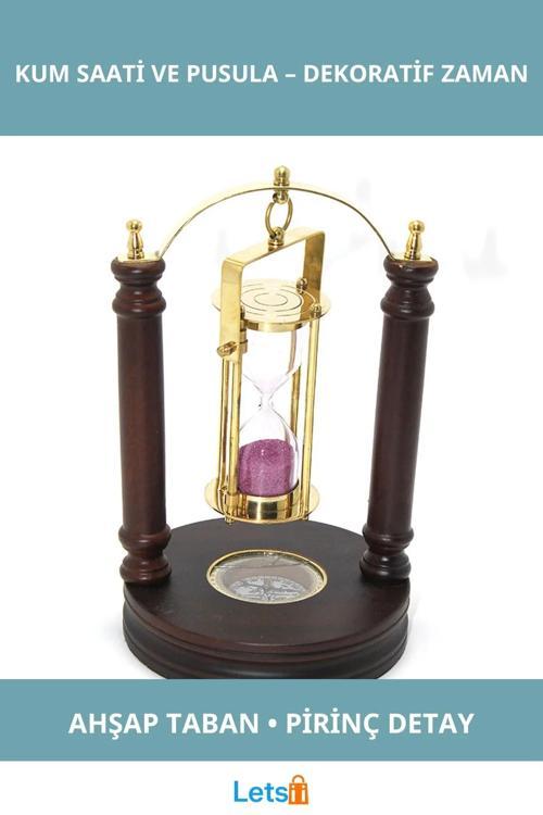 Ahşap Pirinç Kum Saati ve Pusula Dekoratif Masa Aksesuarı