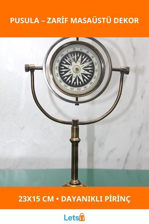 Antik Pirinç Masa Üstü Pusula 23x15 cm Dekoratif Objeler