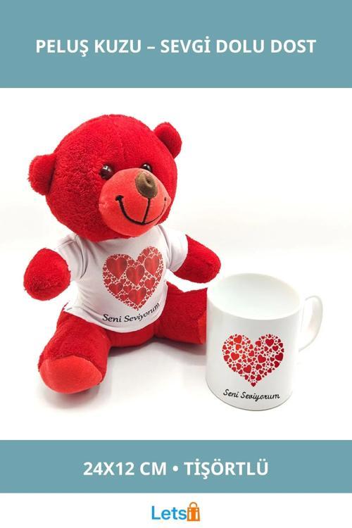 Seni Seviyorum Baskılı Kırmızı Peluş Ayıcık ve Seramik Kupa