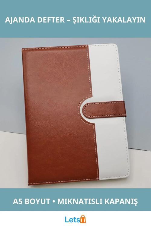 Kahverengi Beyaz Mıknatıslı Termo Deri A5 Tarihsiz Ajanda Defter