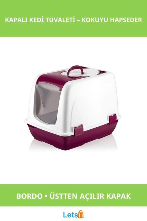 Üstten Açılır Kapalı Kedi Tuvaleti Bordo 37x40x40