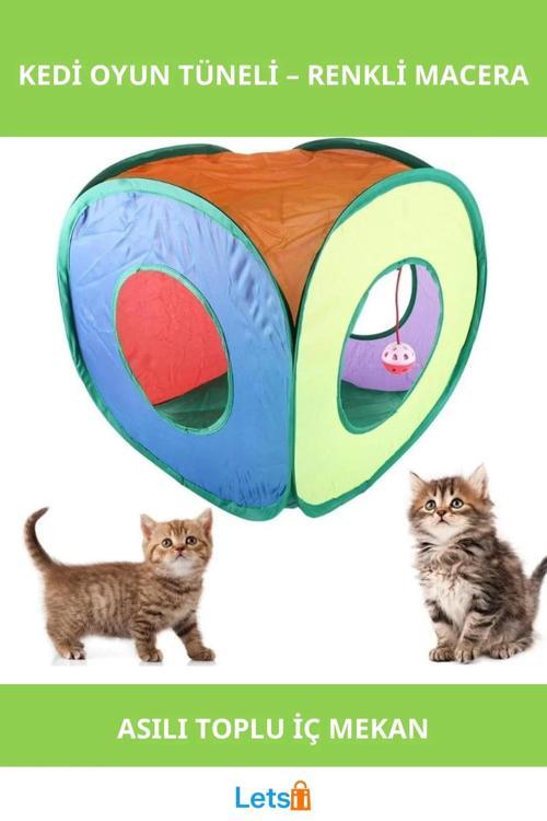 Renkli Dayanıklı Kedi Oyun Tüneli Asılı Oyuncak Top ile Eğlenceli Saklanma Alanı