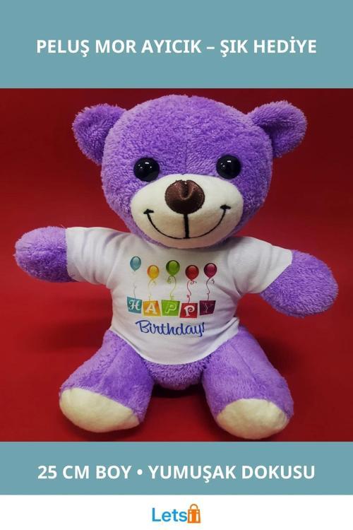 Happy Birthday Tişörtlü Mor Peluş Ayıcık 25 cm