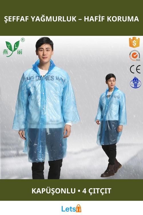 Unisex İnce Şeffaf Yağmurluk Kapüşonlu Dört Çıtçıtlı