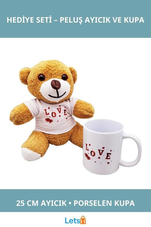 Love Baskılı Kahverengi Peluş Ayıcık ve Porselen Kupa