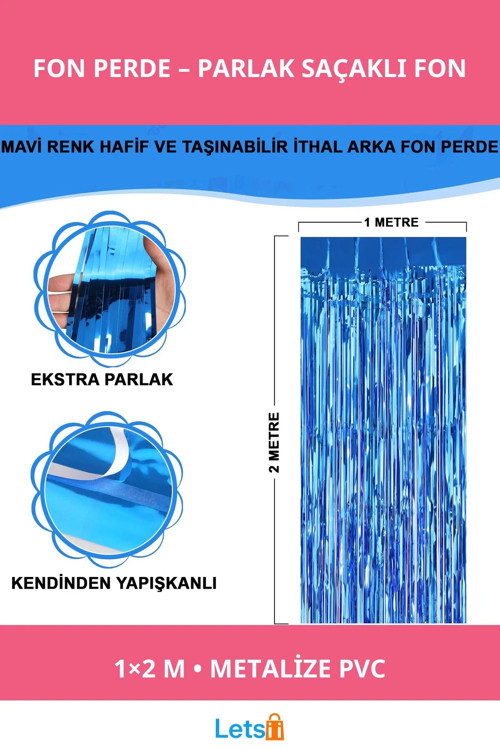 Ekstra Metalize Mavi Renk Saçaklı Arka Fon Perde 1x2 metre