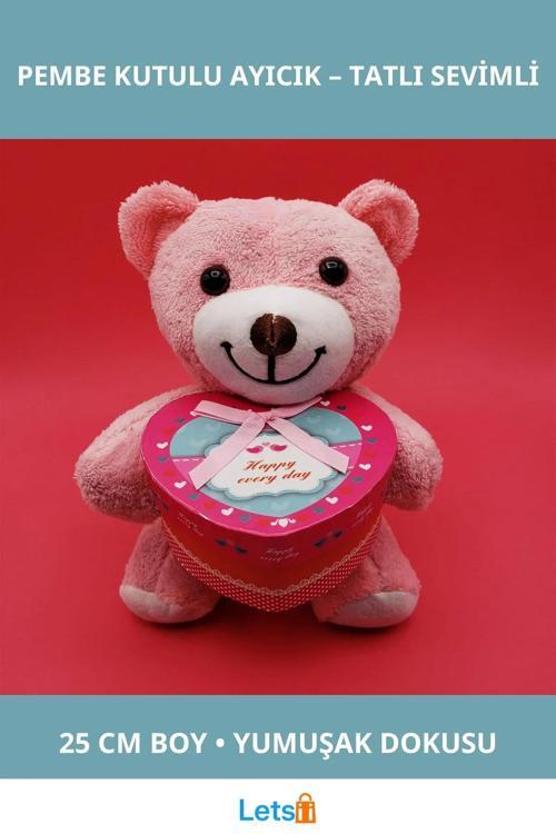 Sevimli Pembe Kutulu Peluş Ayıcık 25 cm Kalp Kapaklı