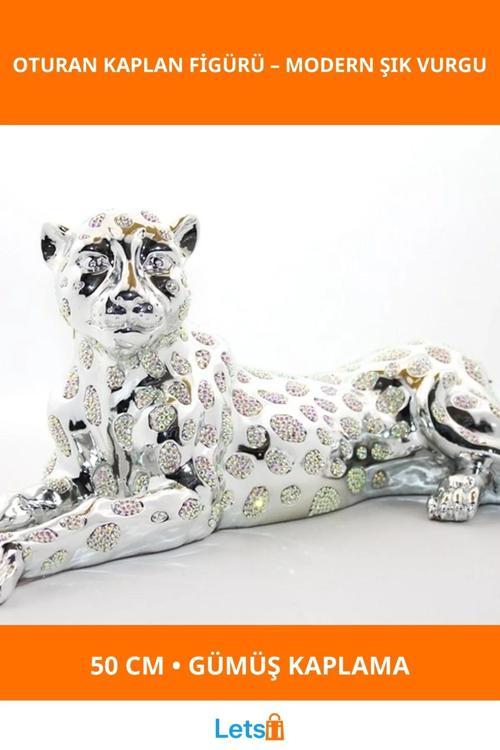 Polyester Oturan Kaplan Figürü 50 cm Gümüş Renk Dekoratif Obje