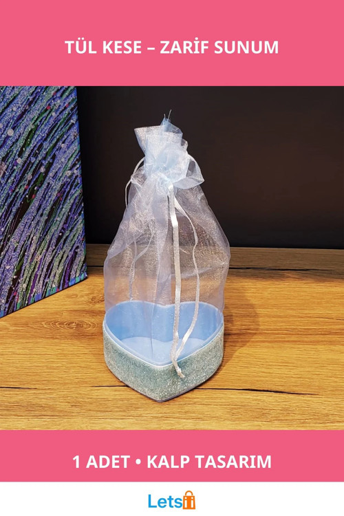 Mavi Kalp Tasarımlı Şık Tül Kese 16 cm