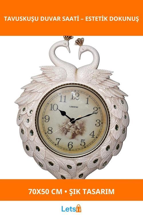 Tavuskuşu Tasarımlı Şık Duvar Saati 70x50 cm