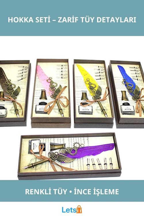 Renkli Tüy İşlemeli Divit Hokka Kalem Seti