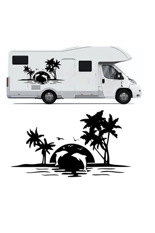 Palmiye Ve Yunuslar Kamp Karavan Oto Özel Sticker Siyah 120*60 Cm