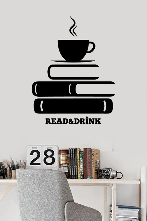 Kahve Ve Kitap Köşesi Duvar Özel Sticker Yapıştırma (Sudan Ve Nemden Etkilenmez)