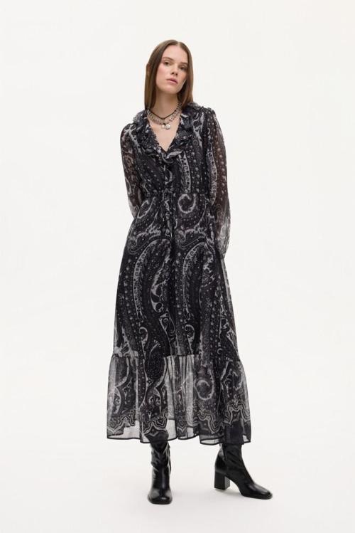 Quzu Etnik Desenli Volan Yaka Uzun Elbise Siyah