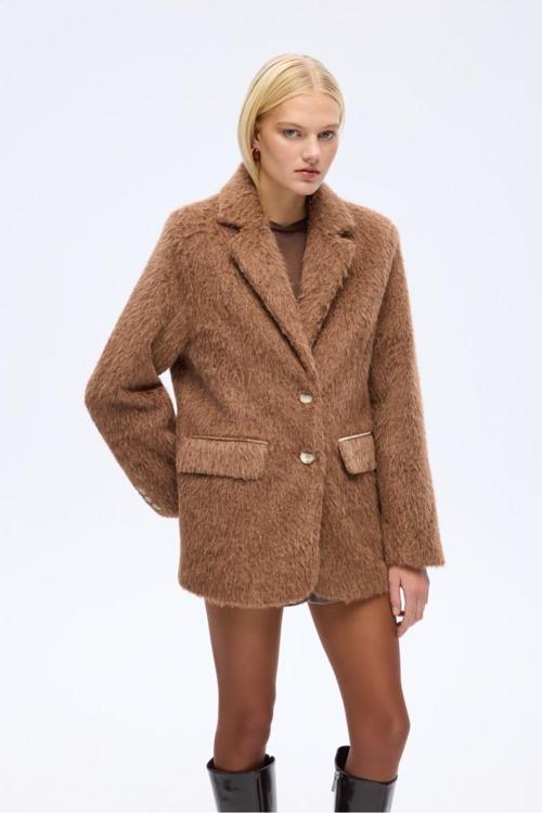 Tüylü Dokulu Oversize Blazer Ceket Kahverengi