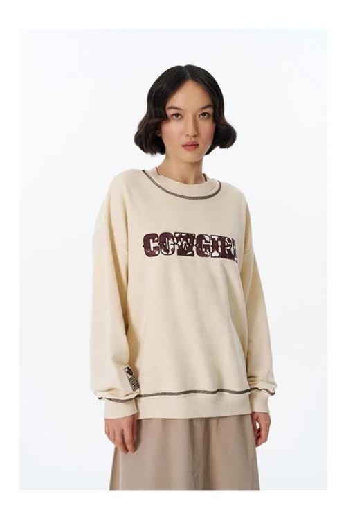 QUZU Kovboy Desenli Sweatshirt Bej