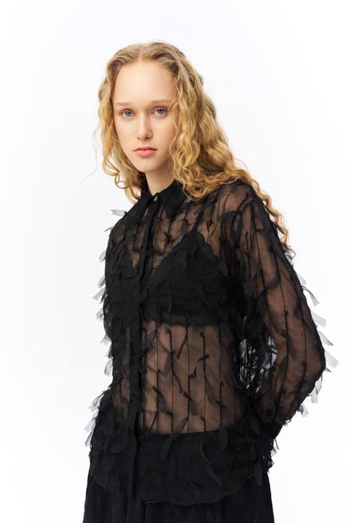 Quzu Tüy Detaylı Şifon Gömlek Siyah