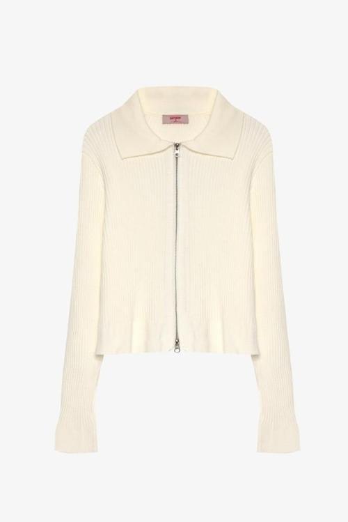 Hakim Yaka Fermuarlı Triko Ekru