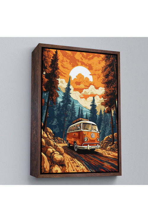 Çerçeveli Retro Volkswagen Minibüs Ve Manzara Tablosu-7811