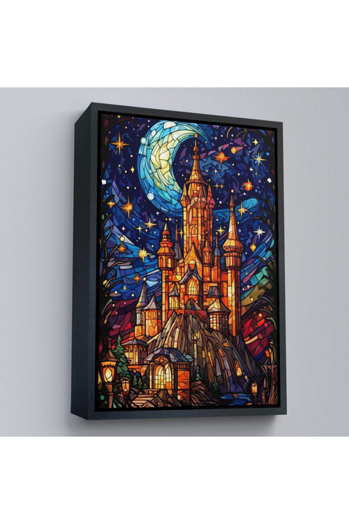Çerçeveli Modern Peri Masalı Kanaviçe Vitray Kale Tablosu-7983