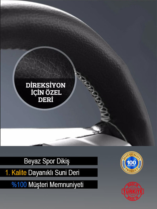 Mazda 3 Özel Süper Deri Direksiyon Kılıfı, Dikmeli Beyaz Spor Dikiş