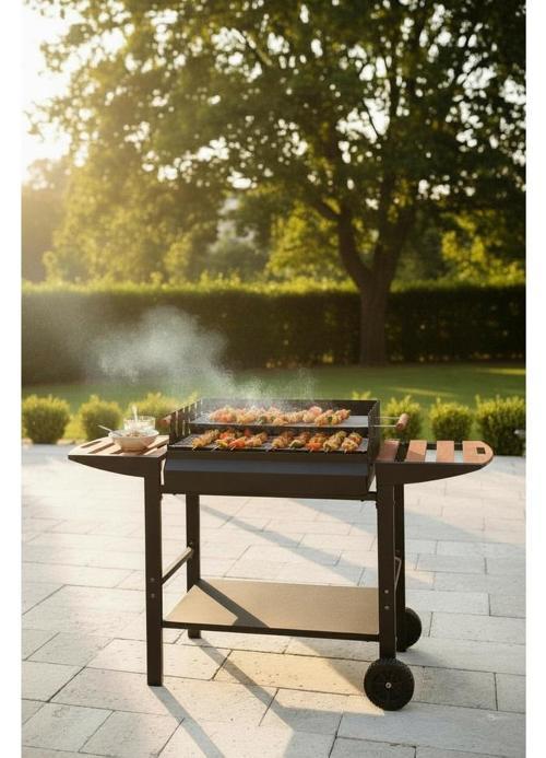 Büyük Boy Kömürlü Mangal – Çift Izgara, Tekerlekli, Ayarlanabilir Krom Izgara, Barbekü Mangal