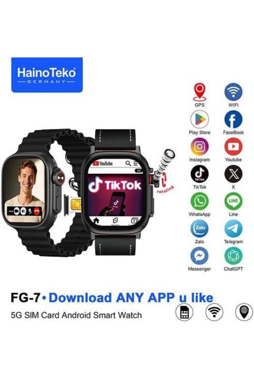 HainoTeko FG-7 Siyah 5G Sim Kartlı Full Android Akıllı Saat GPS Wi-Fi Kameralı + Deri ve Silikon Kor