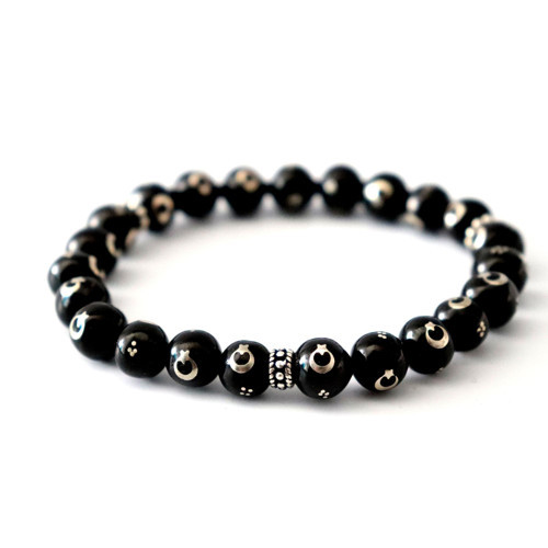 Ayyıldız İşlemeli 8 mm Unisex Oltu Bileklik Gümüş Aparatlı